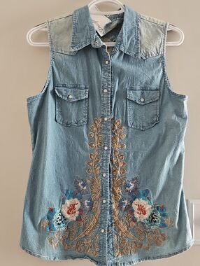denim sleeveless embroidered top Western yolk